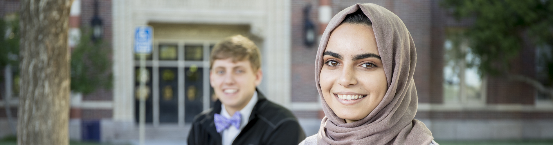 Students in front of school